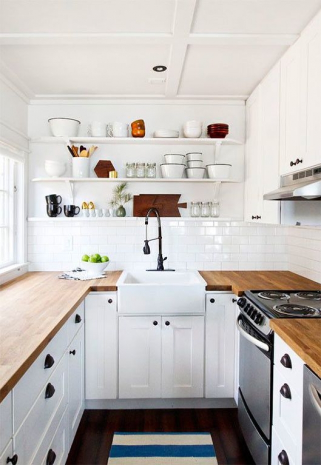 Small kitchen style, farmhouse sink, wood counters