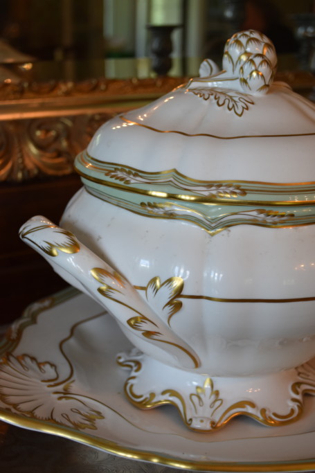 This spectacular Spode tureen was a present from my father to my mother many years ago. Its place has been here on this sideboard since they've been here, and with the sideboard going, the tureen must find a new home as well.