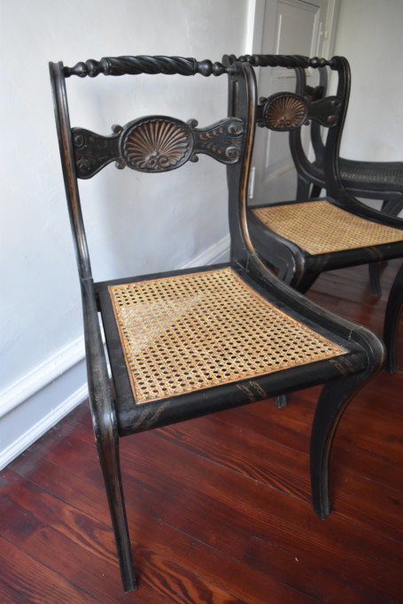 There are four of these exceptional American antique chairs. These, like the Chinese urns, are from Joseph in New York. The seats on two of them have been replaced, but the other two are original. 