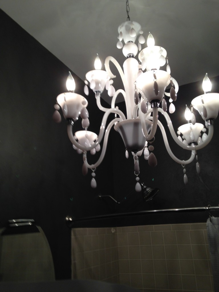White-glass chandelier scored at ReStore.