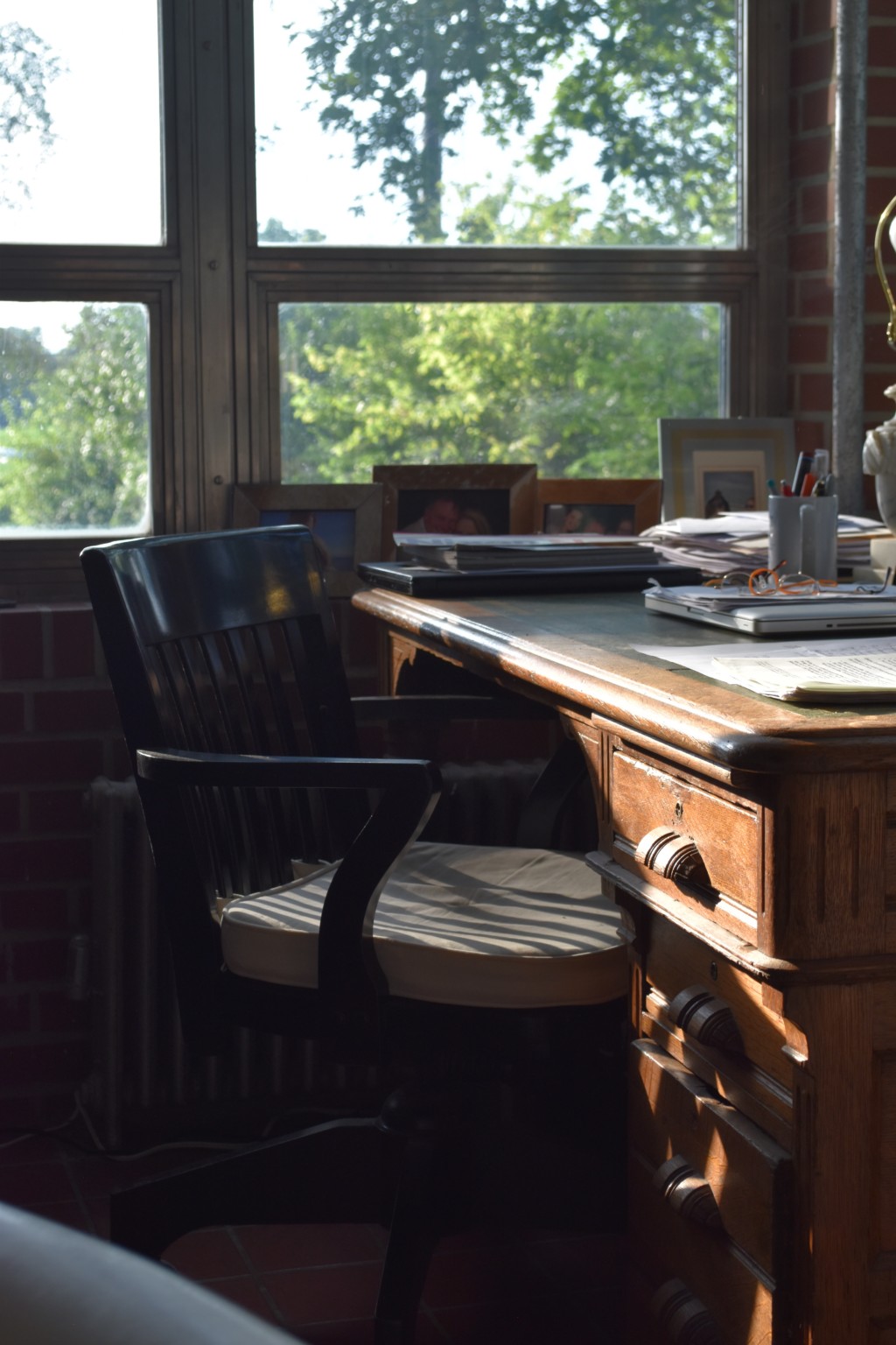 corner office, pottery barn chair, english oak desk, tulled leather